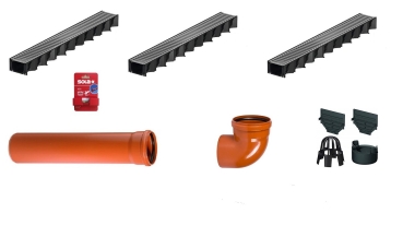 ACO Entwässerungsrinne 3er Set Länge 1 Meter, 1 x KG Bogen 110/87 Grad, 1 x KG Rohr 110/1 Meter, 1 x Schnurwasserwaage, 1 x Zubehörset